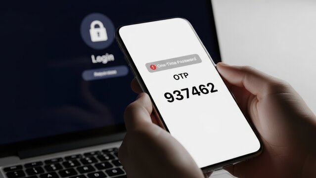 Person holding smartphone displaying one time password otp code for two factor authentication login security on laptop