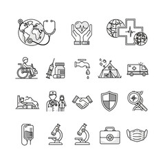 Comprehensive healthcare icons symbolizing global wellness medical care and emergency response solutions for modern design projects