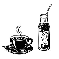 Enjoy a steaming hot coffee cup with a refreshing fizzy drink in a bottle, perfect for cafe menus or beverage promotions