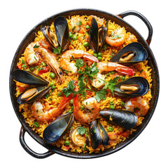 A vibrant paella with seafood, rice, and vegetables in a black pan.