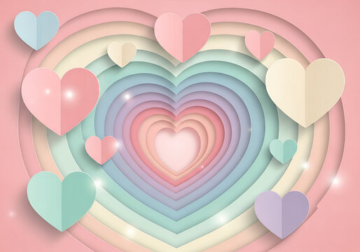 Concentric heart shapes in rainbow pastel colors with scattered hearts love romance isolated on a transparent background