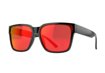 Modern black frame sunglasses with vibrant red mirrored lens isolated on transparent background for fashion accessory concept