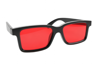 Black frame anaglyph 3d glasses with bright red lens for stereoscopic movie viewing isolated on transparent background