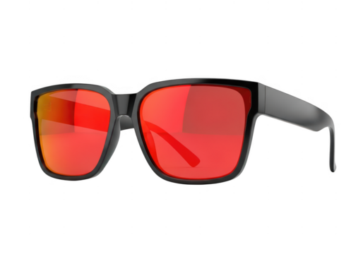Modern black frame sunglasses with vibrant red mirrored lens isolated on transparent background for fashion accessory concept