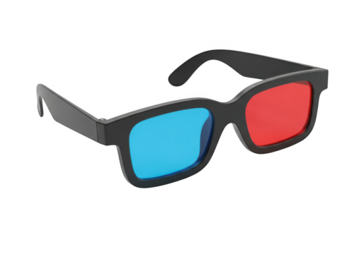 Classic black frame anaglyph 3d glasses with cyan and red lens for stereoscopic movie viewing isolated on transparent background