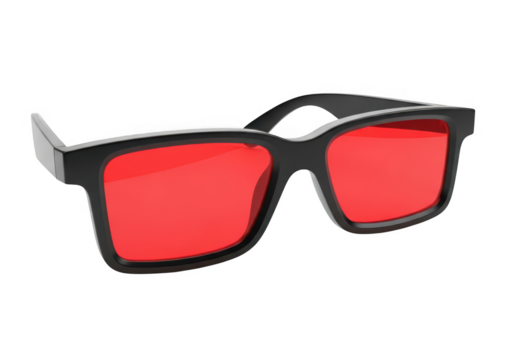 Black frame anaglyph 3d glasses with bright red lens for stereoscopic movie viewing isolated on transparent background