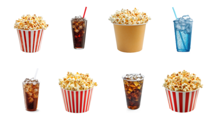 A collection of popcorn and soda drinks in striped containers with straws.