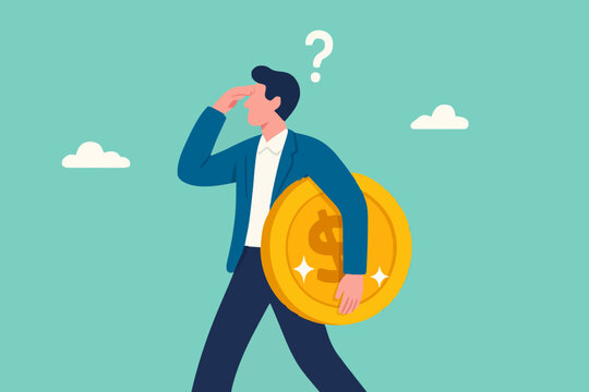 Money question, where to invest, pay off debt or invest to earn profit, financial choice or alternative to make decision concept, businessman investor holding money coin thinking about investment.