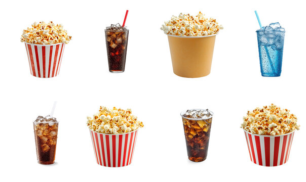 A collection of popcorn and soda drinks in striped containers with straws.