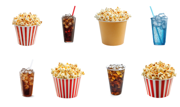 A collection of popcorn and soda drinks in striped containers with straws.