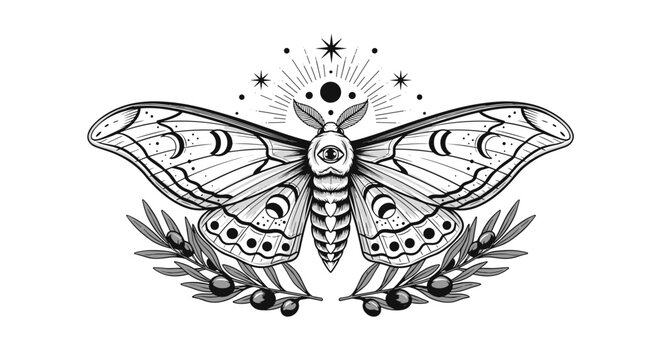 Mystical black and white illustration of a celestial moth with an all-seeing eye and moon phases, framed by delicate olive branches.