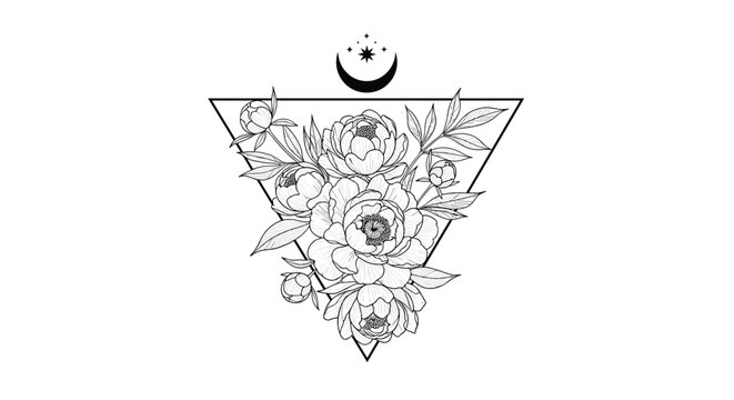Minimalist geometric floral design featuring a line art bouquet of peonies within a triangle, topped with a celestial moon and stars.