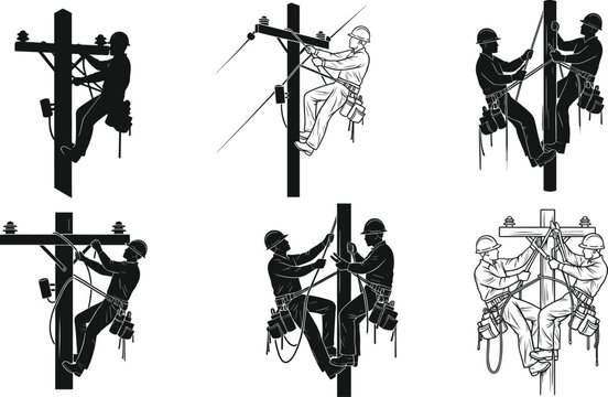 Electrical lineworkers climbing utility poles performing maintenance tasks illustration showing safety equipment, teamwork, power line repair and skilled technical workforce