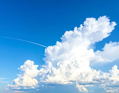 Brilliant sky showcasing puffy white clouds in a bright blue backdrop with a subtle contrail