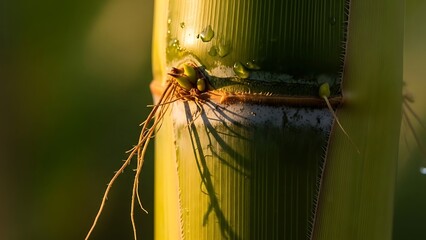 Close up of a green bamboo stalk node with emerging roots in a forest.