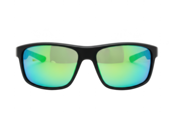 Black frame sport sunglasses with reflective green and blue mirrored lens isolated on transparent background