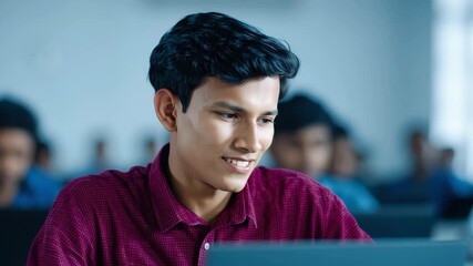 Focused indian student male youth adult portrait, people team focus study classroom with laptop, calm concentration learning education technology college university training workshop seminar school