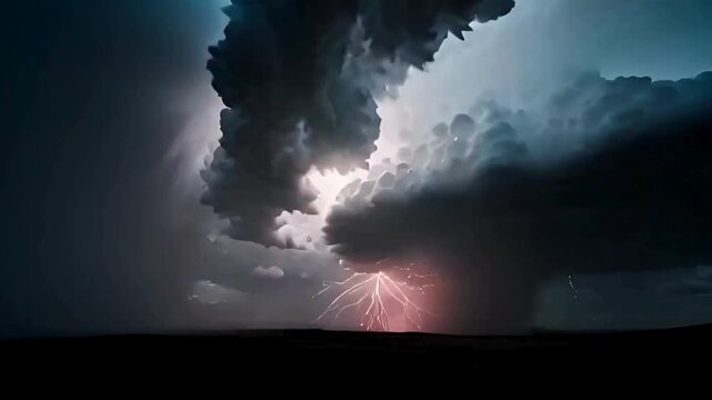 Dramatic dark thunderstorm clouds with intense weather phenomena rolling over horizon in cinematic motion time lapse video footage
