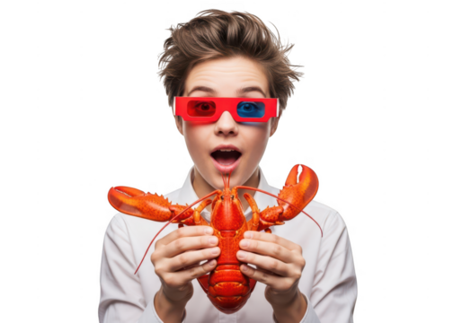Surprised young person wearing red and cyan 3d glasses holding a bright red cooked lobster isolated on transparent background - Powered by Adobe