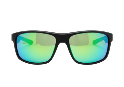 Black frame sport sunglasses with reflective green and blue mirrored lens isolated on transparent background