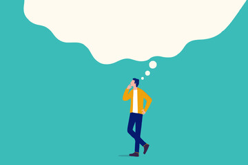 Think big, ambition to success, dream big to change the world or contemplation to get solution to solve big problem, imagination or creativity concept, smart businessman thinking with big bubble.