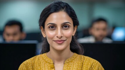 Indian people team office worker portrait focus smiling woman computer desk modern corporate workspace professional setting calm confidence warm light collaborative work culture natural candid