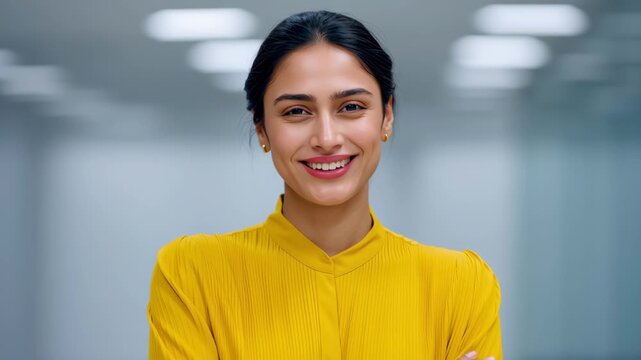 Indian business woman professional portrait with confident smile office setting, yellow blouse and modern workplace background, people team leader focus, calm energy and warm corporate style profile