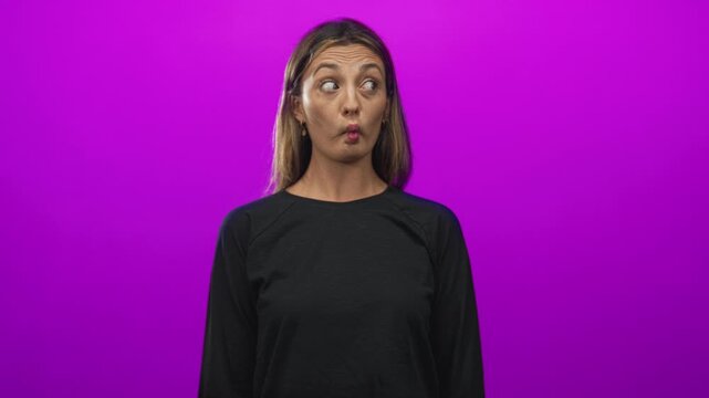 Woman purses lips and makes a fish face in a purple studio while glancing upward; playful curiosity imagination.