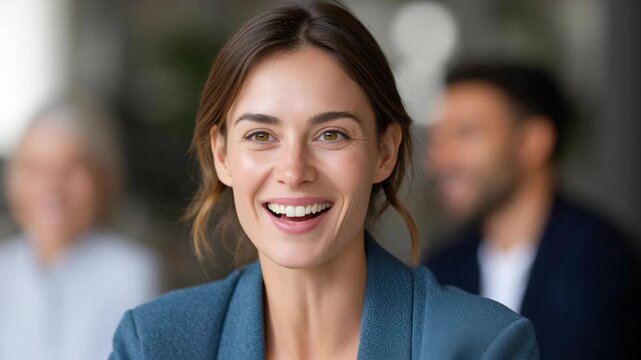Confident woman profile office, smiling leader natural light, soft focus, indian people team and coworker collaboration modern workplace, professional candid portrait, approachable blazer, meeting