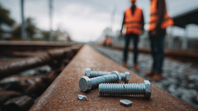 Railway bolts and metal fasteners lay on the tracks while workers in orange vests focus on repair work in the background. The scene showcases industrial activity and detailed textures
