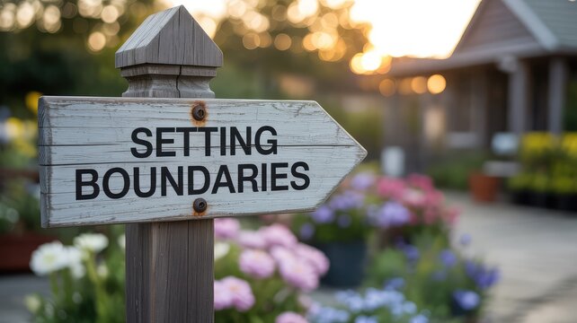 Empowering sign urging setting boundaries in a serene garden, promoting self-care and personal growth amidst nature's beauty and tranquility.