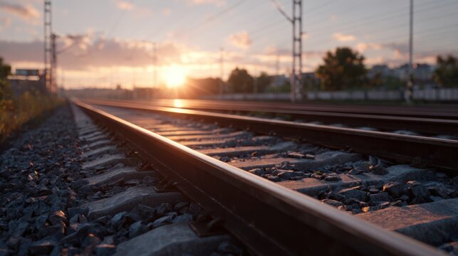 Railroad tracks stretch into the distance under a stunning sunset. The warm sunlight casts a golden hue on the gravel and rails, offering a tranquil atmosphere in the evening