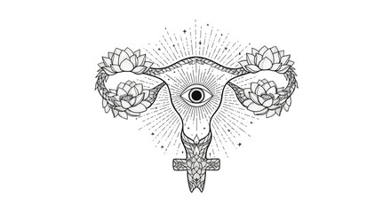 Obraz premium Mystical illustration of a uterus with an all-seeing eye, blooming lotus flowers, and a crystal Venus symbol for feminine power.