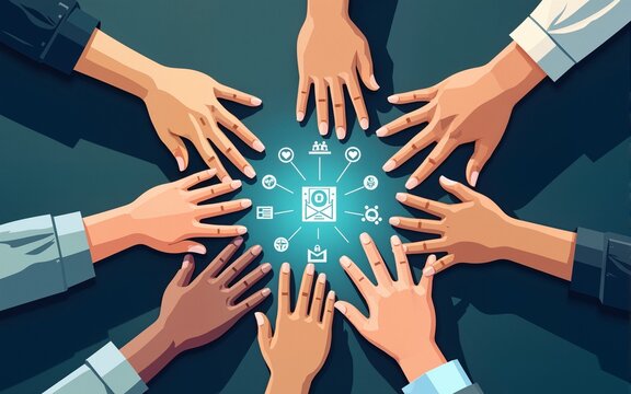 This image depicts diverse hands collaborating over a unified business concept represented by icons, symbolizing teamwork, strategy, and innovation in management. Amity. High quality