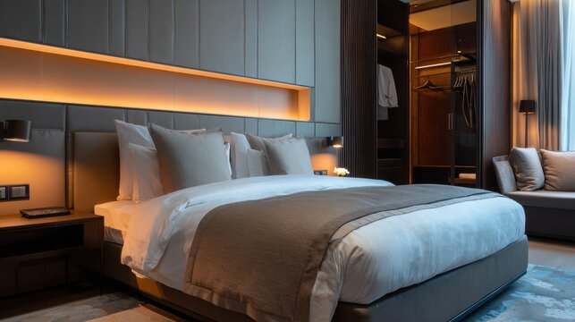 Modern minimalist bedroom interior with soft lighting, elegant furnishings, and cozy atmosphere for relaxation and restful sleep in contemporary design settings