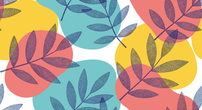 Seamless abstract pattern with textured blue leaf silhouettes overlapping vibrant, colorful circles on a crisp white background.