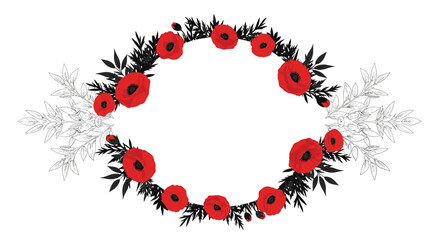 Elegant oval frame composed of vibrant red poppy flowers with contrasting black and white foliage on a transparent background.