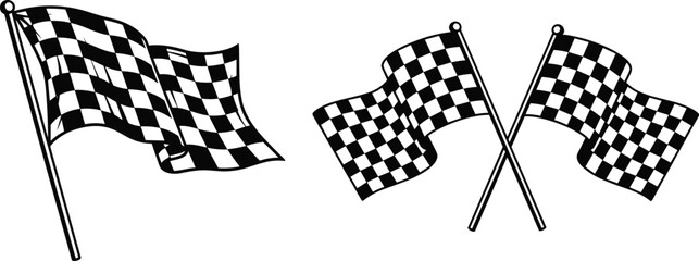 Black and white checkered racing flags waving in wind, crossed finish line flags, motorsport victory symbols, competition and speed illustration