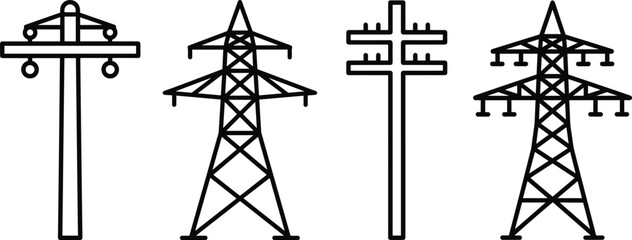 Electric power line tower icons set, high voltage transmission pole illustrations, electricity distribution infrastructure symbols for energy industry design