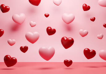 Red and pink hearts in various sizes scattered and floating on a pink surface love romance isolated on a transparent background
