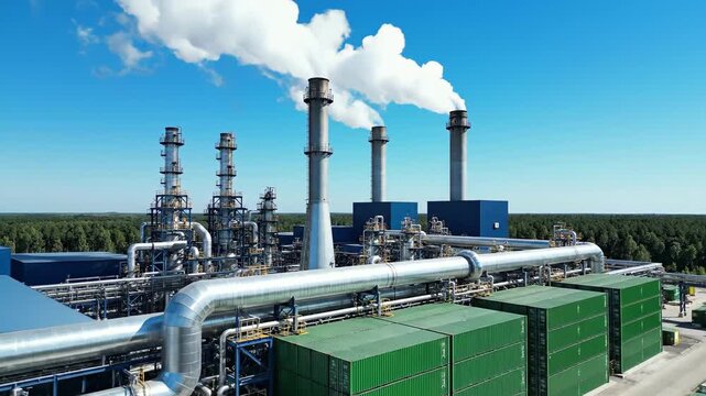 Aerial View of Industrial Plant with Smoke Emitting from Chimneys Under a Clear Blue Sky