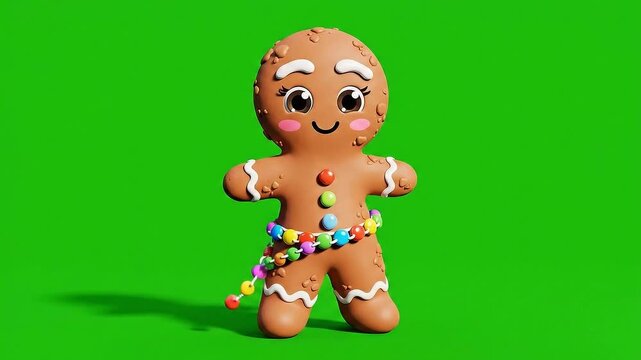 Cute 3D Rendered Gingerbread Character With Festive Candy Bead Necklace Standing Against A Vibrant Green Screen Background With Subtle Shadows And Soft