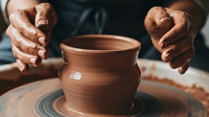 Woman shaping clay on wheel, crafting pottery with skillful hands