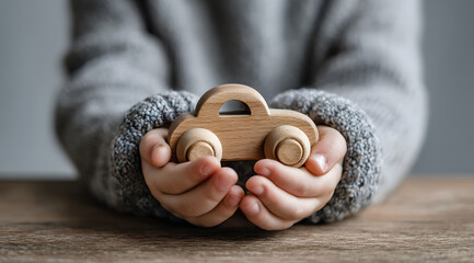 young child hands carefully holding small, classic wooden toy car, wearing soft gray sweater, emphasizing natural play and the development of fine motor skills