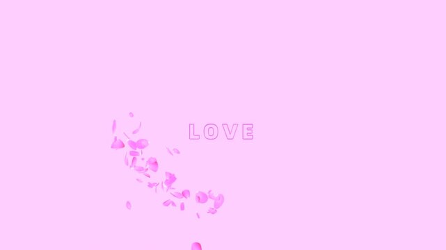 Rose petals dance against a soft pink background, coalescing into an elegant heart shape.
