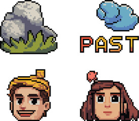 Pixel art rock with grass cloud and word P A S T male and female character portraits vactor