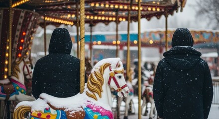 Obraz premium A winter wonderland scene with a snow-covered carousel and two people watching the enchanting