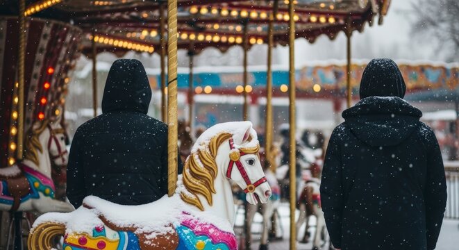 A winter wonderland scene with a snow-covered carousel and two people watching the enchanting