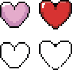 Obraz premium Pixelated heart icons red pink and outline versions on vactor white background pixel art