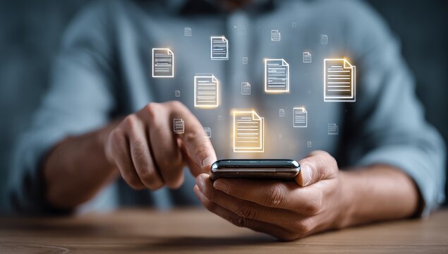 Businessman's hand holding a smartphone, touching the digital screen with a social network interface